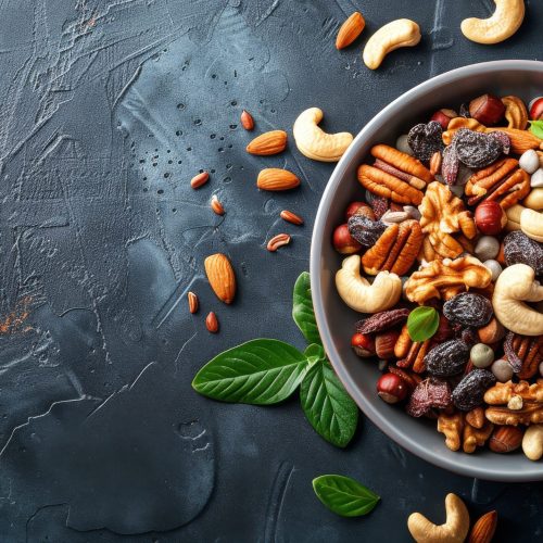 A bowl filled with a variety of nuts and fresh mint leaves, creating a visually appealing and healthy snack option.